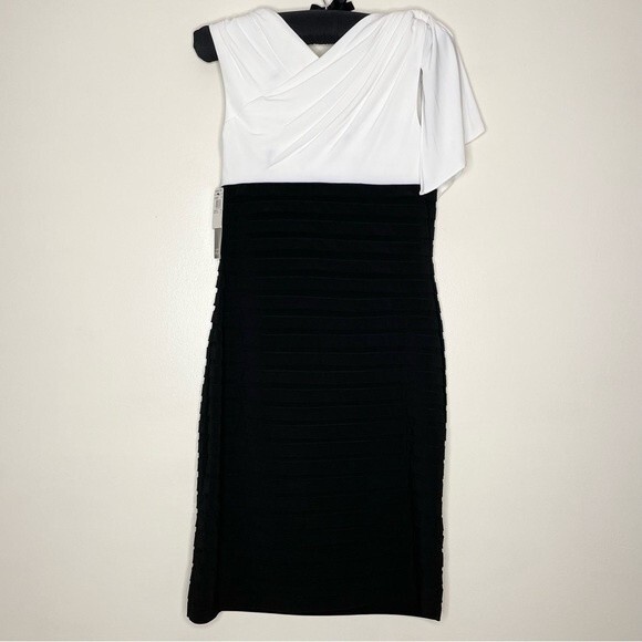 Adrianna Papell Sheath Dress Cowl Neck Drapey Shoulder New Black White Size 6 - Picture 6 of 11
